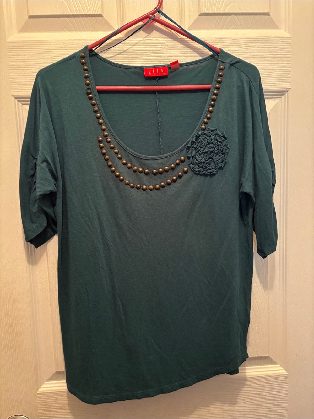 ELLE Teal Short-Sleeve Scoop Neck Top with Bronze Bead Detail